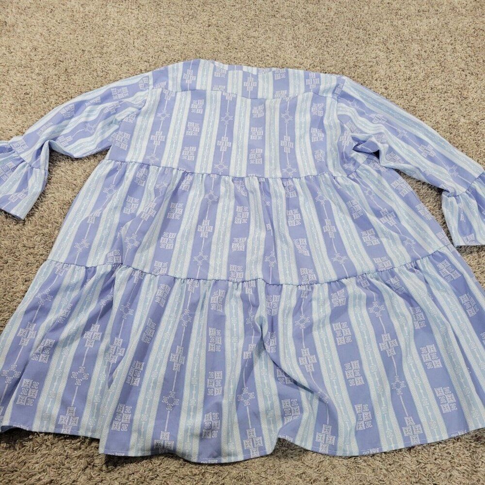 Michelle McDowell Dress Womens 2X Blue Geometric V Neck Pleat Bell Sleeve - Picture 7 of 8